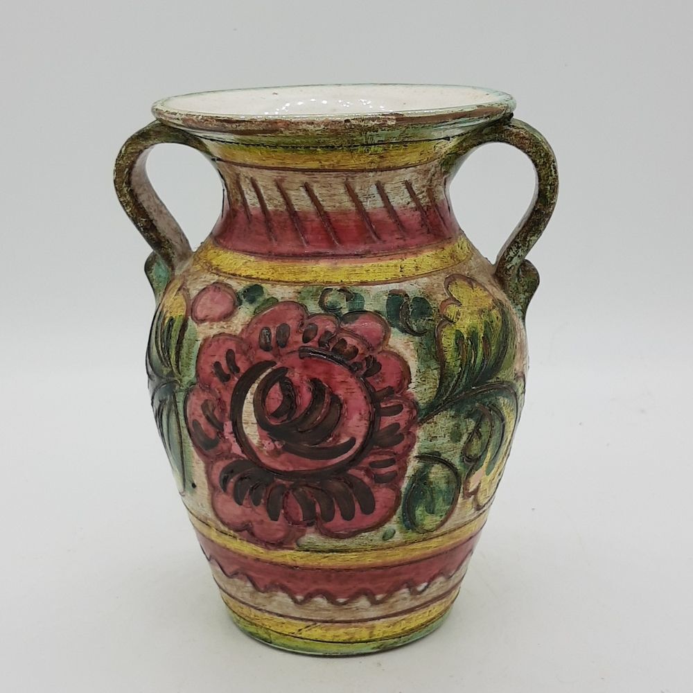 Made in Italy hand painted floral Bud Vase two handle vintage